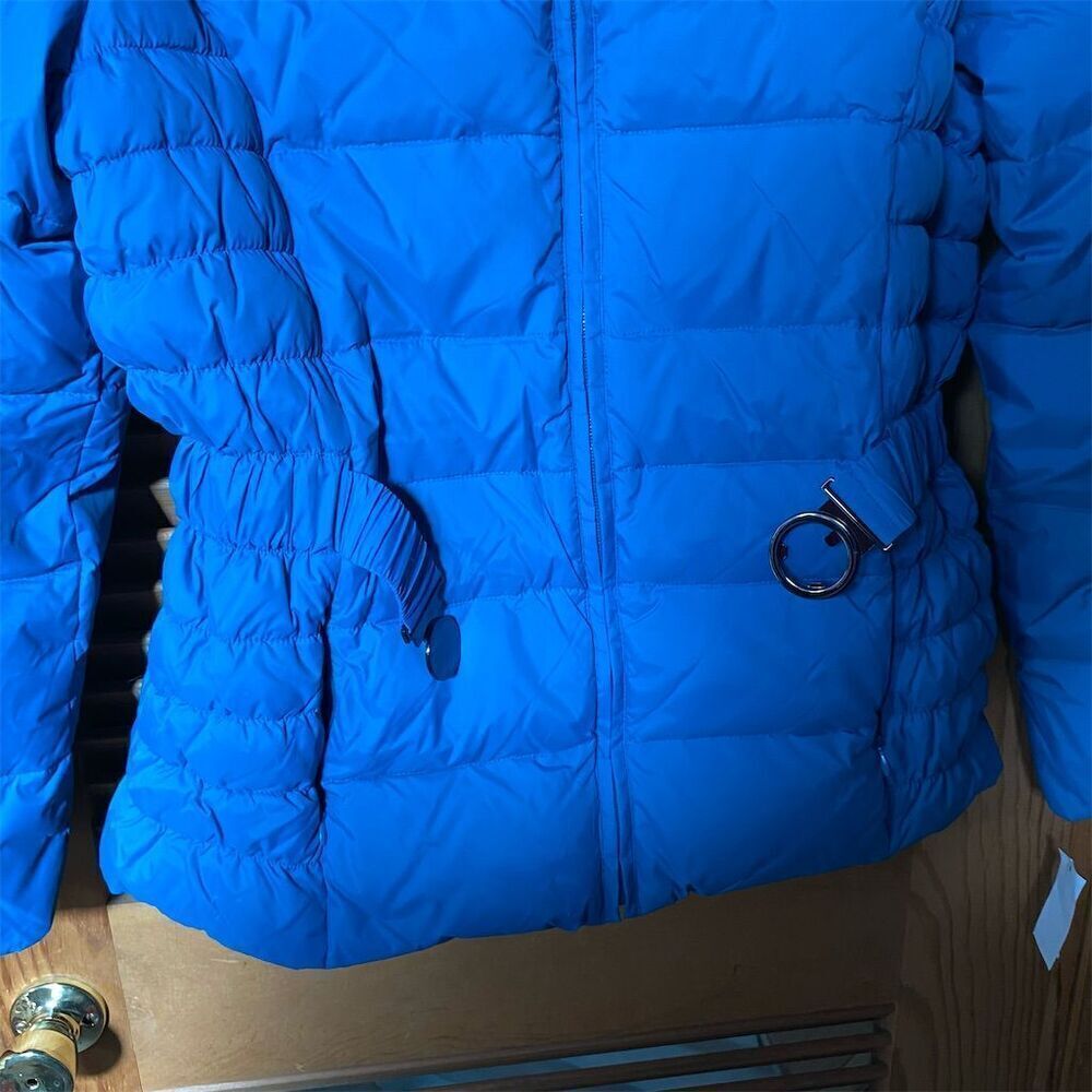 Women's Large Blue Puffers Jacket with Belt Hooded Winter Casual - Picture 2 of 6